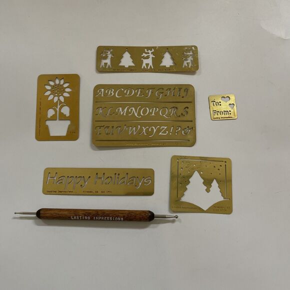 Lasting Impressions Set of 5 Brass Stencils‎ Flowers Alphabet Christmas Holiday - Picture 1 of 12